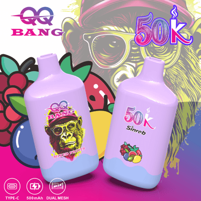 Two lavender bottles labeled 50k stand against a colorful, cartoonish background with fruit graphics and a large monkey figure; one bottle has a blurred sticker on it.