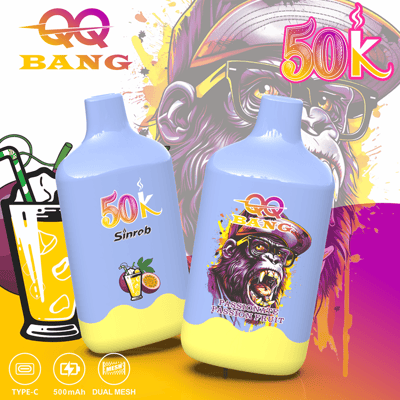 Two blue bottles labeled “50K Sinrob” and a vibrant illustrated gorilla wearing sunglasses against a colorful background, with a splash of yellow at the bottom and a graphic drink icon nearby.