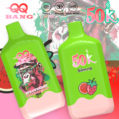 Two bright green bottles with pink liquid at the bottom, one featuring a monkey graphic and strawberry imagery, the other showing the text “50k Sinrob” with a strawberry icon; colorful graphic background.