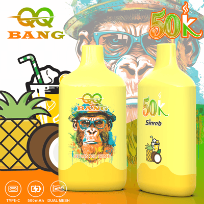 Two yellow bottles with colorful labels on an orange surface, featuring tropical graphics and a blurred square overlay; background includes a pineapple illustration and bright branding.