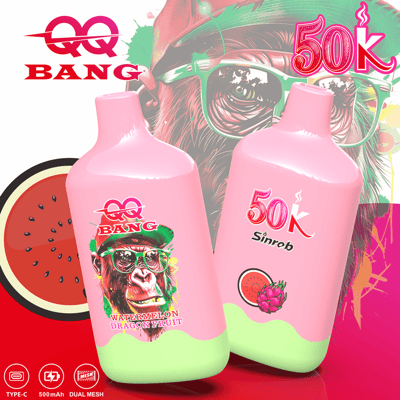 Two pink bottles labeled 50k Sinrob with dragon fruit and watermelon imagery, set against a colorful, tropical background with a watermelon slice.