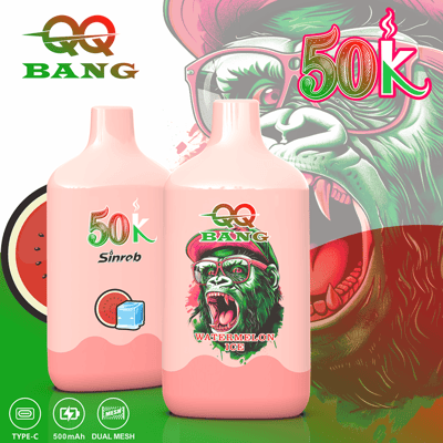 Two pink bottles of QQ Bang watermelon-flavored vape juice with a screaming monkey design, watermelon slice icon, and “50K” branding on a colorful illustrated background.