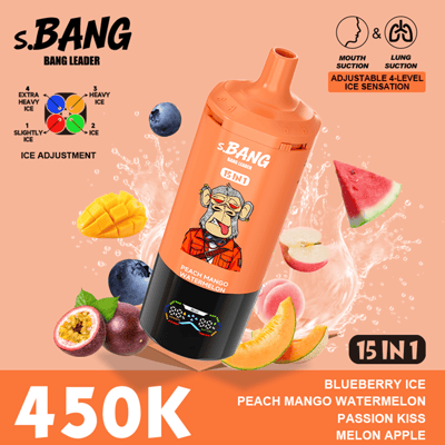 s.BANG Bang Leader 15 in 1 peach mango watermelon flavored bottle with orange and black design, surrounded by fruits like mango, blueberry, passion fruit, watermelon, and melon slices; 450K price display and flavor list on right.