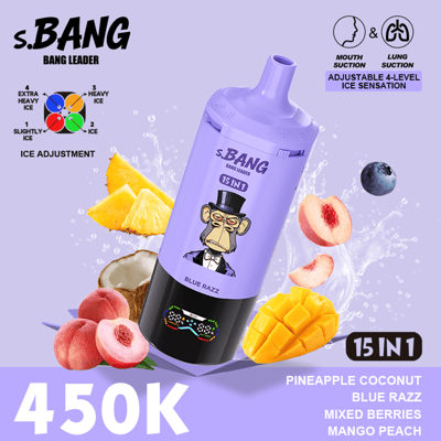 s.BANG 15 in 1 bottle in lavender with cartoon monkey wearing a top hat, surrounded by pineapple, mango, peach, and blueberries; bold “450K” text and fruit slices.