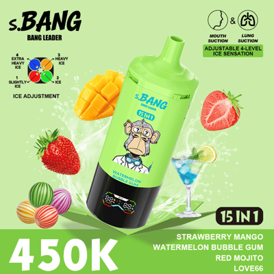 s.BANG 15 in 1 watermelon bubble gum bottle with a cartoon monkey, lime-green design, surrounded by fruits (strawberry, mango, watermelon, lemon) and colorful bubbles; text 450K and 15 in 1.