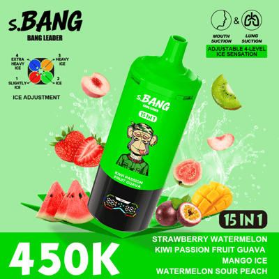 Bright green bottle labeled s.BANG 15 IN 1 with a monkey cartoon, surrounded by strawberry, watermelon, kiwi, mango, passion fruit, and other fruits; bold price 450K and 15 IN 1 text.