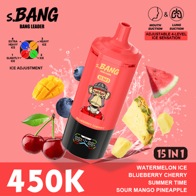 Bright red S.BANG ice blender bottle with a cartoon monkey, surrounded by fruit slices (mango, blueberry, cherry, watermelon, pineapple) and bold white text “450K” and “15IN1” on a pink background.