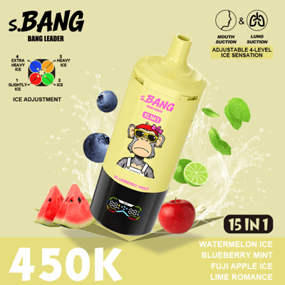 Bold yellow bottle of s.BANG 15 in 1 Watermelon Ice Blueberry Mint with cartoon monkey, set against fruit motifs; price 450K and "15 IN 1" label.