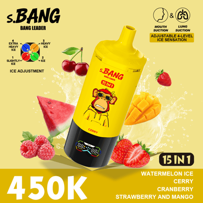 S. Bang 15 in 1 watermelon ice bottle with bright yellow label and cartoon monkey, surrounded by fruit slices (watermelon, strawberry, cherry, mango), large "450K" text in white.