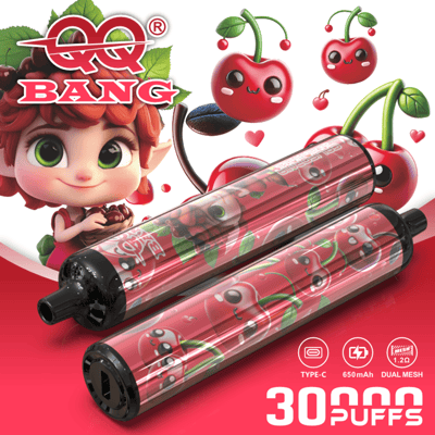 Cherry-themed dual-mesh water bottles with smiling cherry graphics on red background and playful characters, 650 mAh, 30,000 puffs.