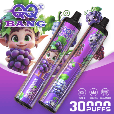 Two purple grape-themed vape devices with colorful cartoon grape characters, branding, and a purple gradient background.