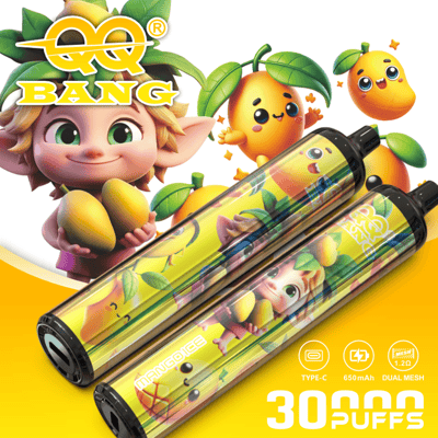 Two colorful vape pens with fruity mango-themed artwork placed diagonally over a bright yellow background and cartoon fruit characters, including mangoes and a girl figure.
