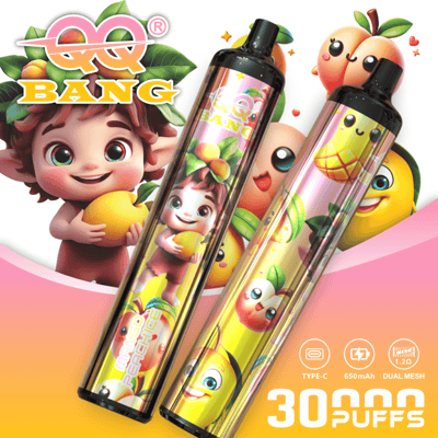 Vape devices with colorful fruit-themed labels, surrounded by cheerful cartoon fruit characters and a pink-orange gradient background showing “30,000 PUFFS.”