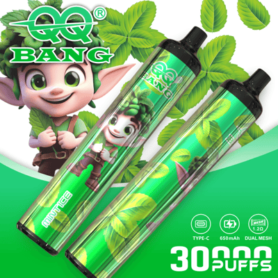 Eco-friendly green vape cartridges with leaf patterns, two cylindrical pods, and 30,000 puffs label.
