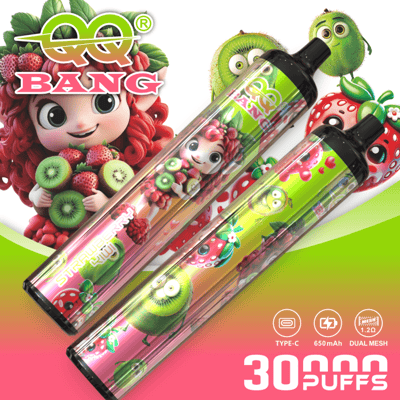 Colorful QQ Bang fruit-themed vape devices with bright packaging and cartoon fruit characters; shows two cylindrical pods and bold “30,000 PUFFS” text.