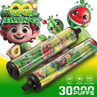 Bright green vape devices with cartoon watermelon and fruit characters, 30,000 puff dual-mesh mouthpieces, colorful packaging and large “30,000 PUFFS” text.