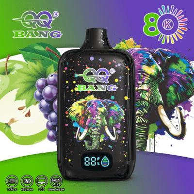 A black vaping device with a colorful elephant graphic on the front, set against a vibrant green–purple background with grape imagery and splash accents.