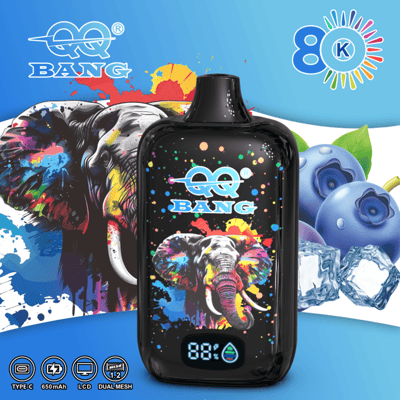 Colorful QQ Bang electronic vaping device with rainbow splash artwork, an elephant graphic, and blue dial; blue background with ice, blueberries, and a 88% display.