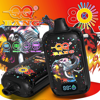 Vape pod with colorful elephant illustration, black glossy body, digital battery display, and splatter paint design on the label set against bright background artwork.