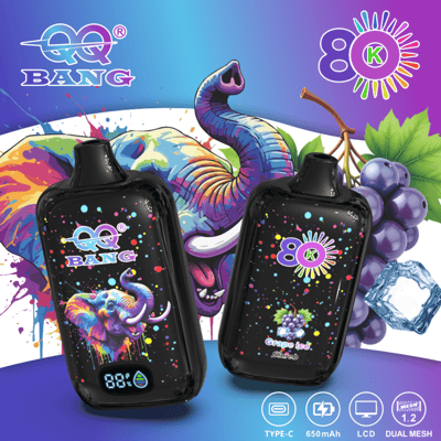 Two black refillable vape pods with colorful, splatter-paint designs; a purple/blue creature artwork on the left pod and grape imagery on the right pod, set against a bright, tropical background.
