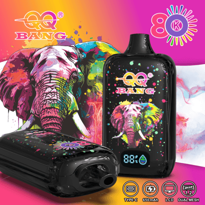 Colorful vaping device kit with a black, graffiti-style pouch and a neon-elephant design; includes a large bottle, compact black pod, and splashy background with logos and a digital screen.