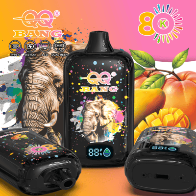 Vape device with black glossy body and colorful splash design featuring an elephant, surrounding fruit illustrations, and a digital display on the front; vibrant gradient background with logo and “80K” emblem.