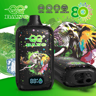 Portable black electronic device with colorful elephant artwork, display showing "88%" on a green-blue background, vibrant green backdrop with leaf and splash design.