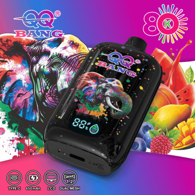 Bright colorful packaging with a black device featuring a vibrant elephant graphic, rainbow splashes, and fruit decor in the background.
