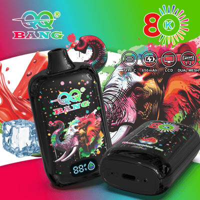 Bright colorful vape device packaging featuring a black pod with a rainbow splash background, elephant illustration, and logo QQ BANG with 650mAh indicator icons.