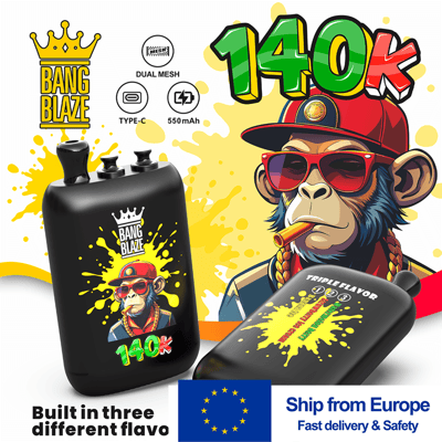 Bang Blaze vape kit with 140K label, green “14O K” graphic, and “Ship from Europe” text on packaging