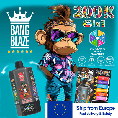 Cartoon-Affe mit Sonnenbrille und Hawaiihemd, der eine E-Zigaretten-Vape-Produktanzeige hält, mit dem Text “Versand aus Europa”