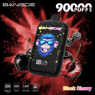 Black vape device with blue, grinning character graphic, “90 Puffs,” and red smoke burst backdrop