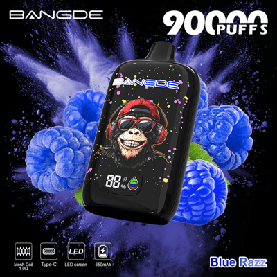 Black vape device with bearded cartoon graphic, “BANGLDE” branding, and “90 Puffs” text over blue burst background