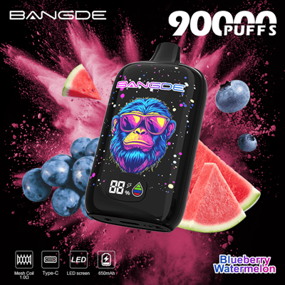 Bangde 90 puff disposable vape with blue cartoon skull, surrounded by watermelon and blueberries, purple splash background