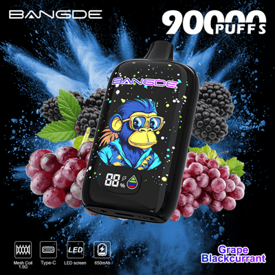 BAN GDE 90 puffs vape device with cartoon monkey and grape and blackberry graphics on blue splash background