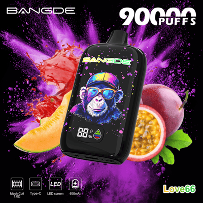 Black vape device with colorful ape logo and “BANSGDE 90 PUFFS” text over purple splash background with fruit slices