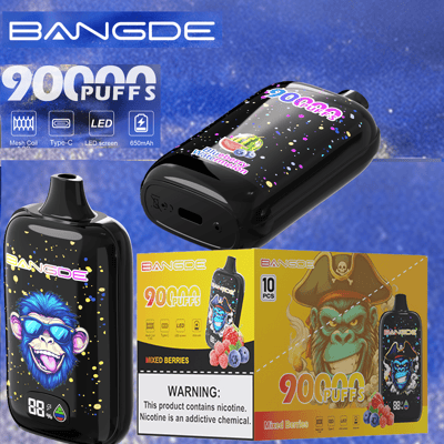 Bangde disposable vape device packaging with 90 puffs text and “Mixed Berries” flavor design