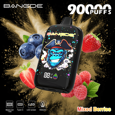 Black vape device with gorilla graphic and colorful “Mixed Berries” fruits on a gold burst background, 90 puffs