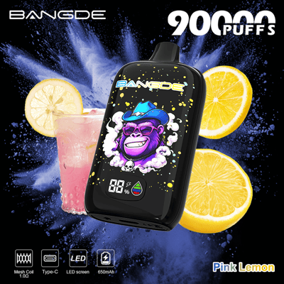 Black vape device with “BAN GDE” branding and cartoon purple beard on a burst of lemon slices, with “Pink Lemon Puffs” text