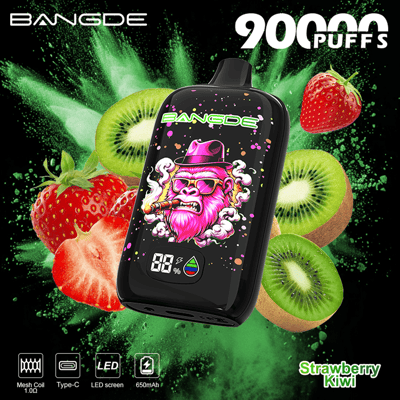 Black vape device with “BANGDE” logo, shown with strawberry and kiwi, “90 Puffs” text on green splash background
