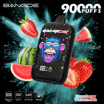 BanGde 90 Puffs disposable vape with blue monster illustration, strawberry and watermelon background, 88% display