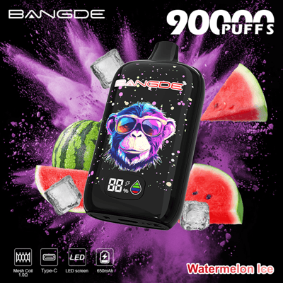 Black vaping device with cartoon monkey wearing goggles, “20 puffs,” surrounded by watermelon ice graphics and purple vapor splash