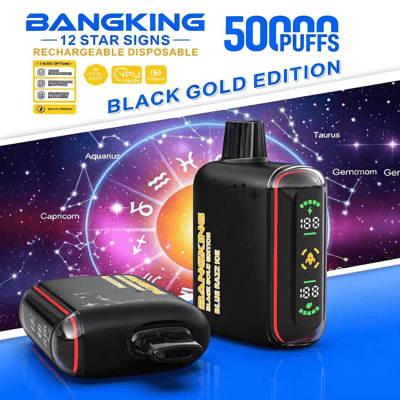 Black portable vape device with LED display, shown with a second device on a blue surface