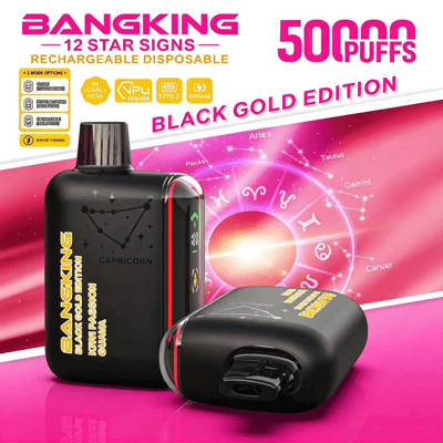Black BangKing “Black Gold Edition” vape device with pink zodiac backdrop and “50 Puffs” text