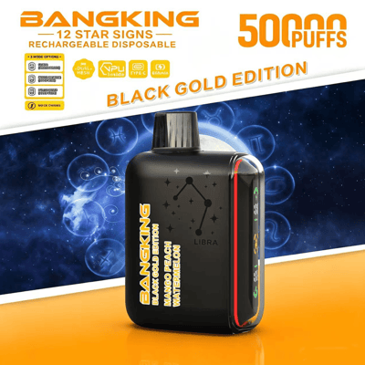 Black Gold Edition disposable vape device with “12 star signs,” “50 puffs,” and “Black Gold” text on a purple graphic backdrop