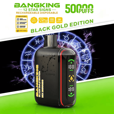 Black vape device with red trim, branded “Black Gold Edition,” against zodiac and “50 puffs” graphic background