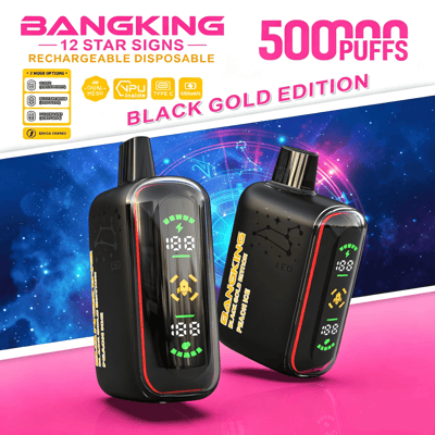 Two black vape devices with glowing LED indicator screens on a colorful “Black Gold Edition” promotional background