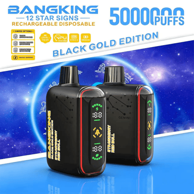 Black Bangking 12-star disposable vape cartridges with Gemini branding, red trim, and “50000 puffs” text on blue cosmic background
