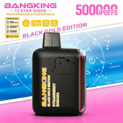 Black Aquarius vape device with neon packaging text “BLACK GOLD EDITION” and zodiac design background