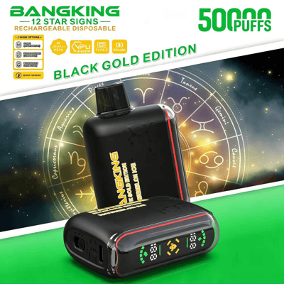 Black vaping device and pod pack on green background with “BLACK GOLD EDITION” text and gauge-style graphics